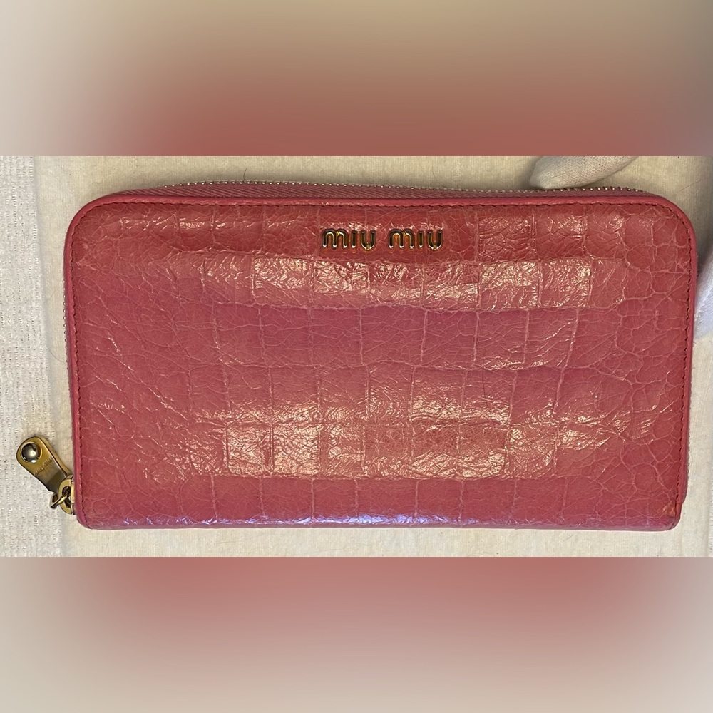Miu Miu Authentic Vintage Pink Croc-Textured Zippy Long Wallet